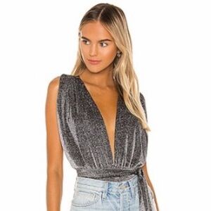 REVOLVE Metallic Grey/Black Sleeveless Wrap Top